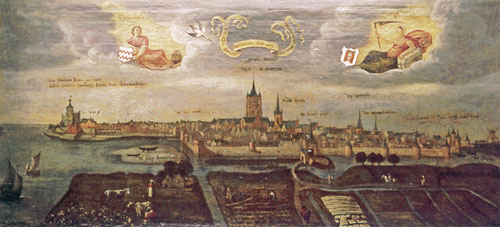 Stadsgezicht van Gorcum in de zestiende eeuw (Anoniem, 1568). Stadsgezicht van Gorcum in de zestiende eeuw (Anoniem, 1568).
