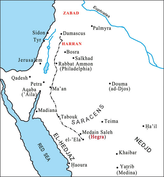 At Hegra, one reaches the southern limit of the Roman province of Arabia, to which Trajan attached the ancient Nabataean kingdom in 106 A. D. Do not look for Mecca... it did not yet exist ! Numerous clues suggest that the author « gathered into bands (jahada) » his « faithful » at Hegra, in order to lead them into the Holy Land, like a new Moses.
